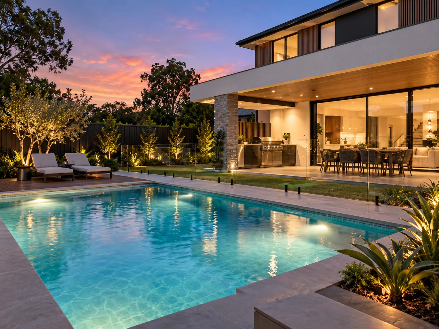 Contemporary home and swimming pool at dusk